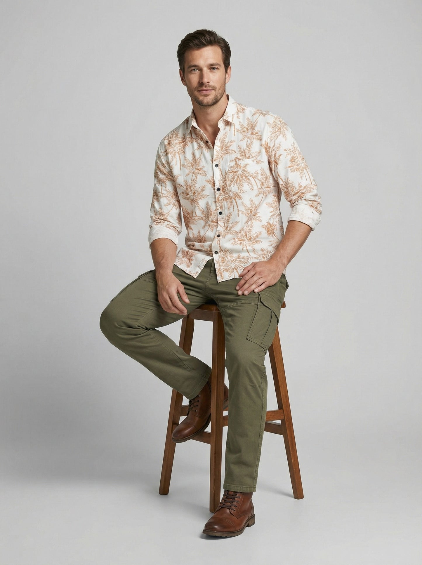Men's Premium Linen-Blend Palm Print Long Sleeve Shirt