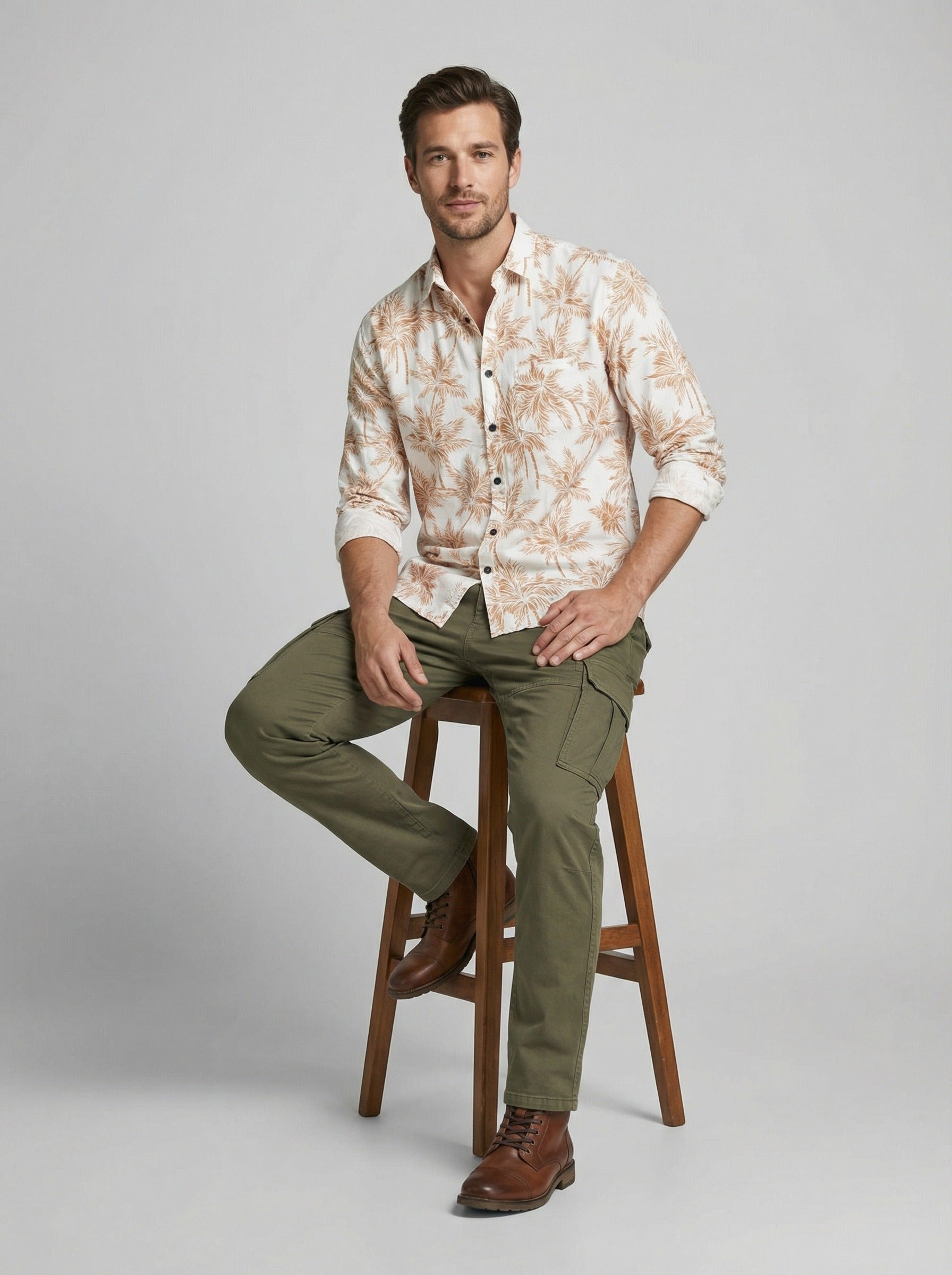 Men's Premium Linen-Blend Palm Print Long Sleeve Shirt