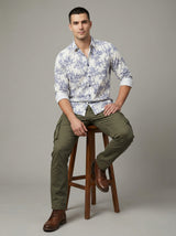 Men's Slim Fit Navy Palm Tree Print White Resort Shirt