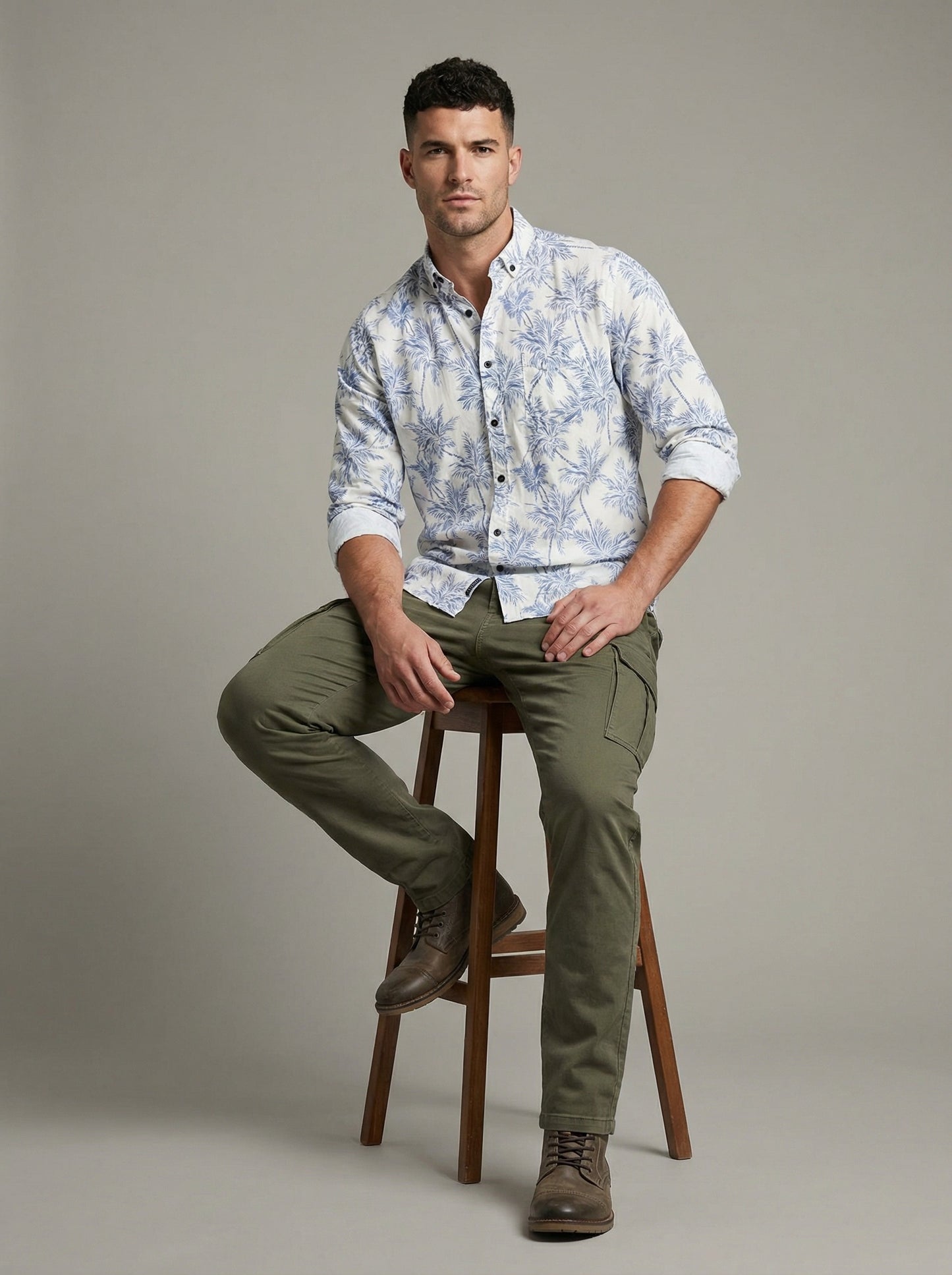 Men's THE SHOWFINE Blue Palm Print Slim-Fit Button-Down Shirt