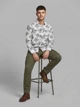 Monochrome Palm Print Viscose Resort Shirt - Long Sleeve Slim Fit