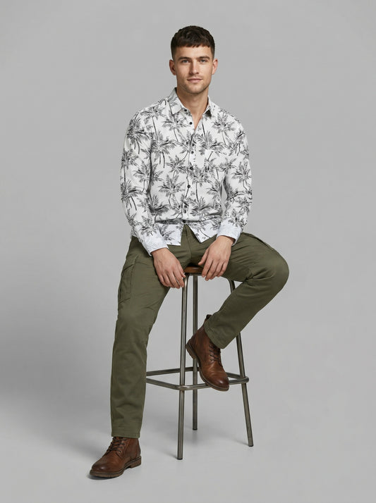 Monochrome Palm Print Viscose Resort Shirt - Long Sleeve Slim Fit