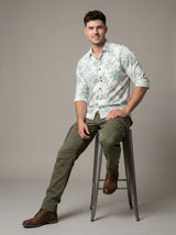 Premium Cotton Slim-Fit Palm Print Resort Shirt - Green/White