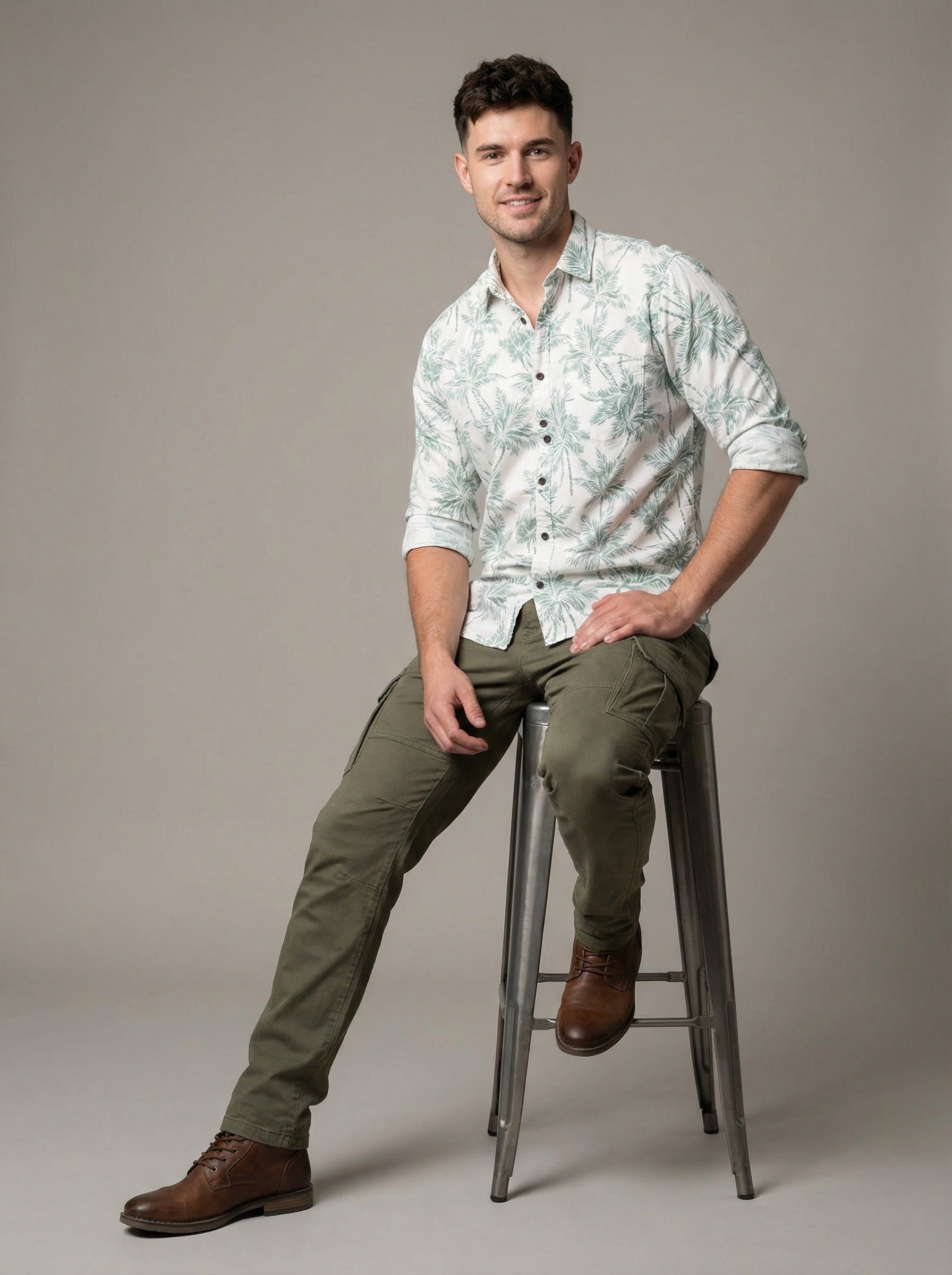 Premium Cotton Slim-Fit Palm Print Resort Shirt - Green/White