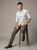 Premium Cotton Slim-Fit Palm Print Resort Shirt - Green/White