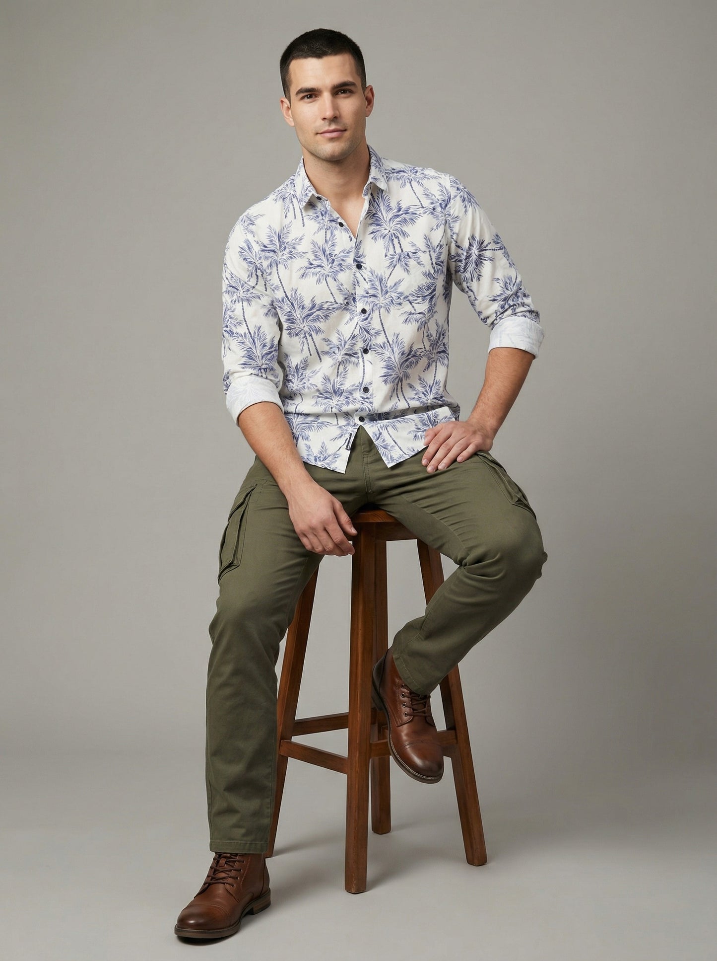 Men's Slim Fit Navy Palm Tree Print White Resort Shirt