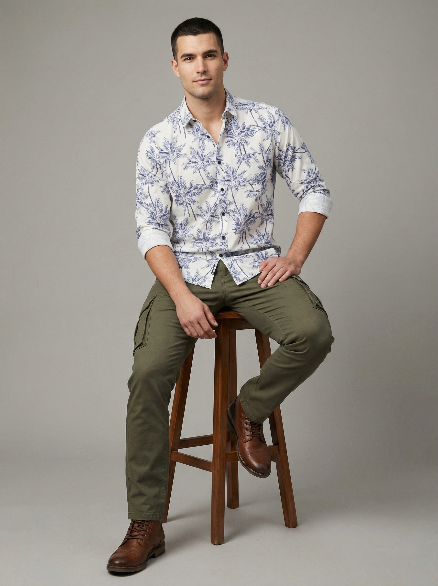 Men's Slim Fit Navy Palm Tree Print White Resort Shirt