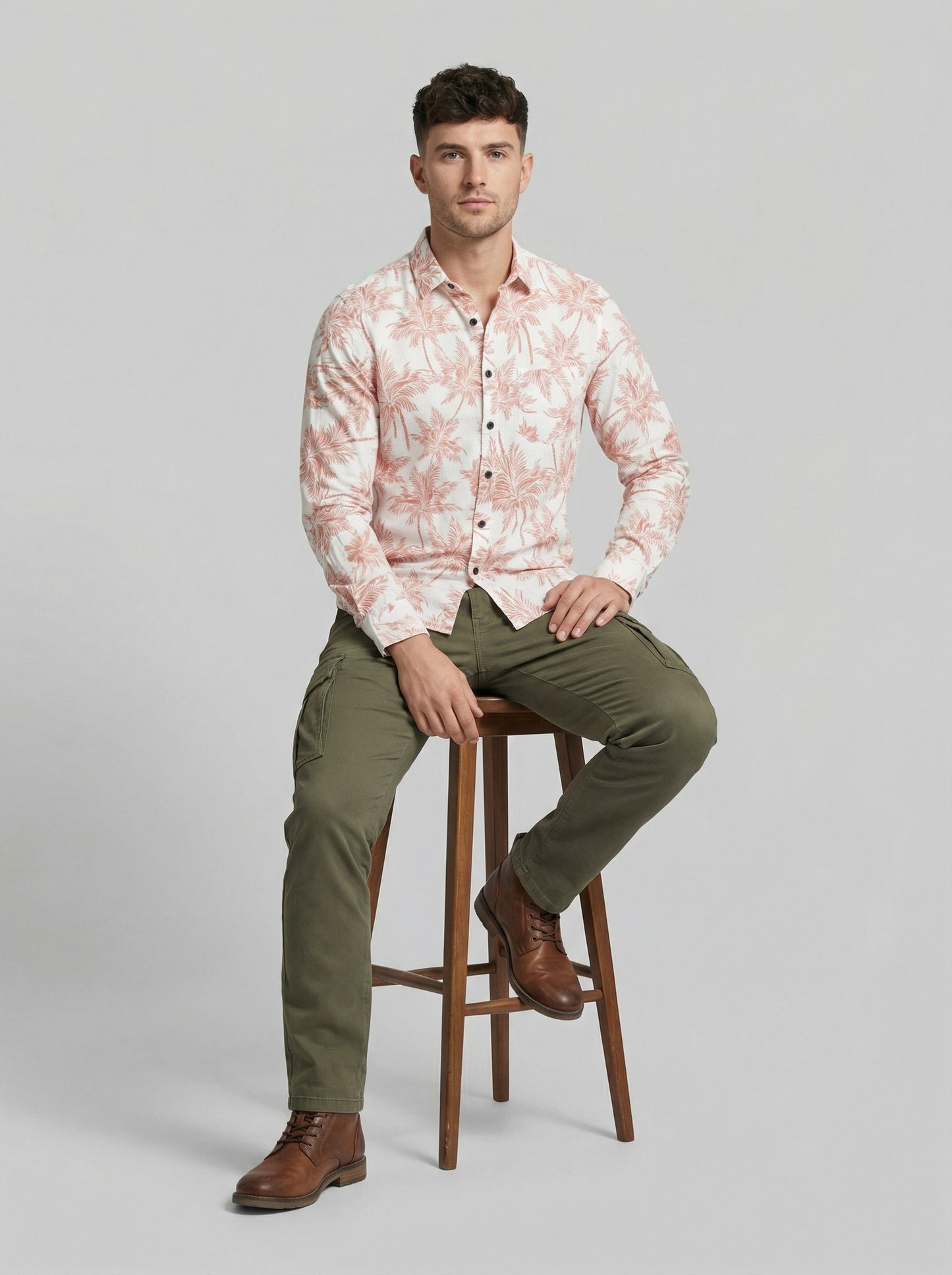 Men's Slim Fit Terracotta Palm Print Linen Blend Shirt