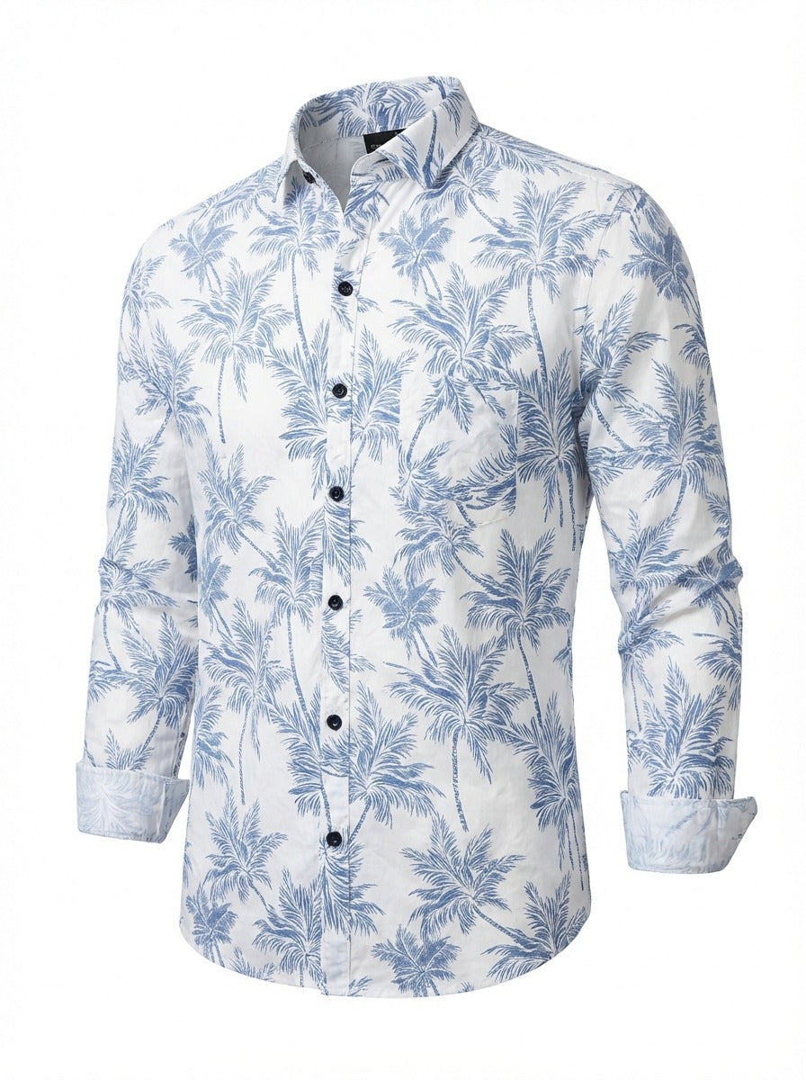 Men's THE SHOWFINE Blue Palm Print Slim-Fit Button-Down Shirt