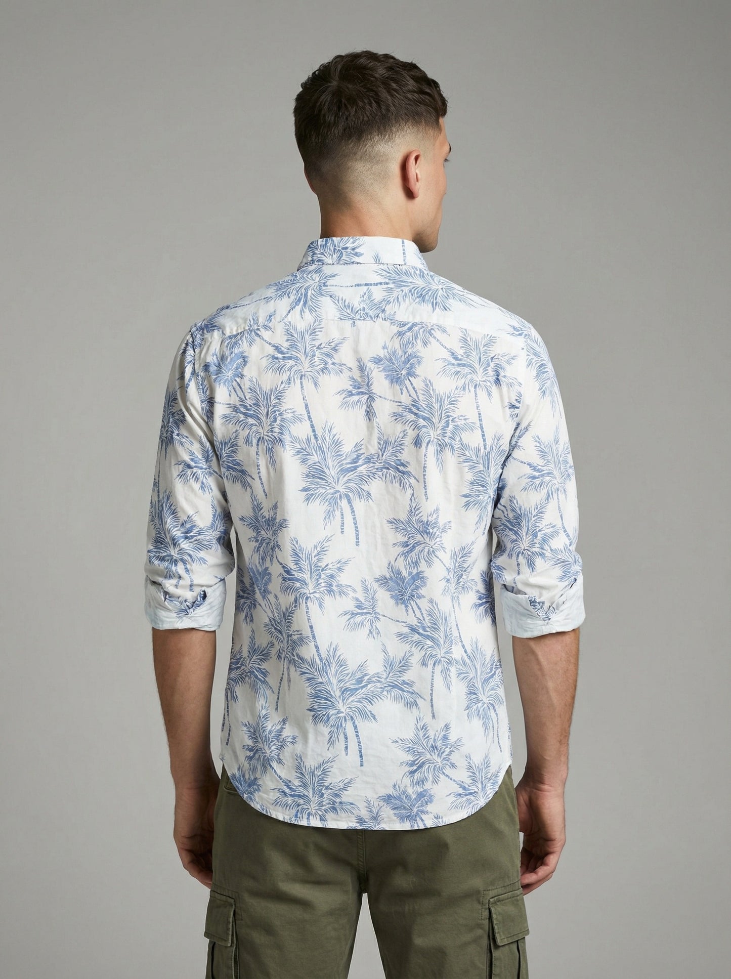 Men's THE SHOWFINE Blue Palm Print Slim-Fit Button-Down Shirt