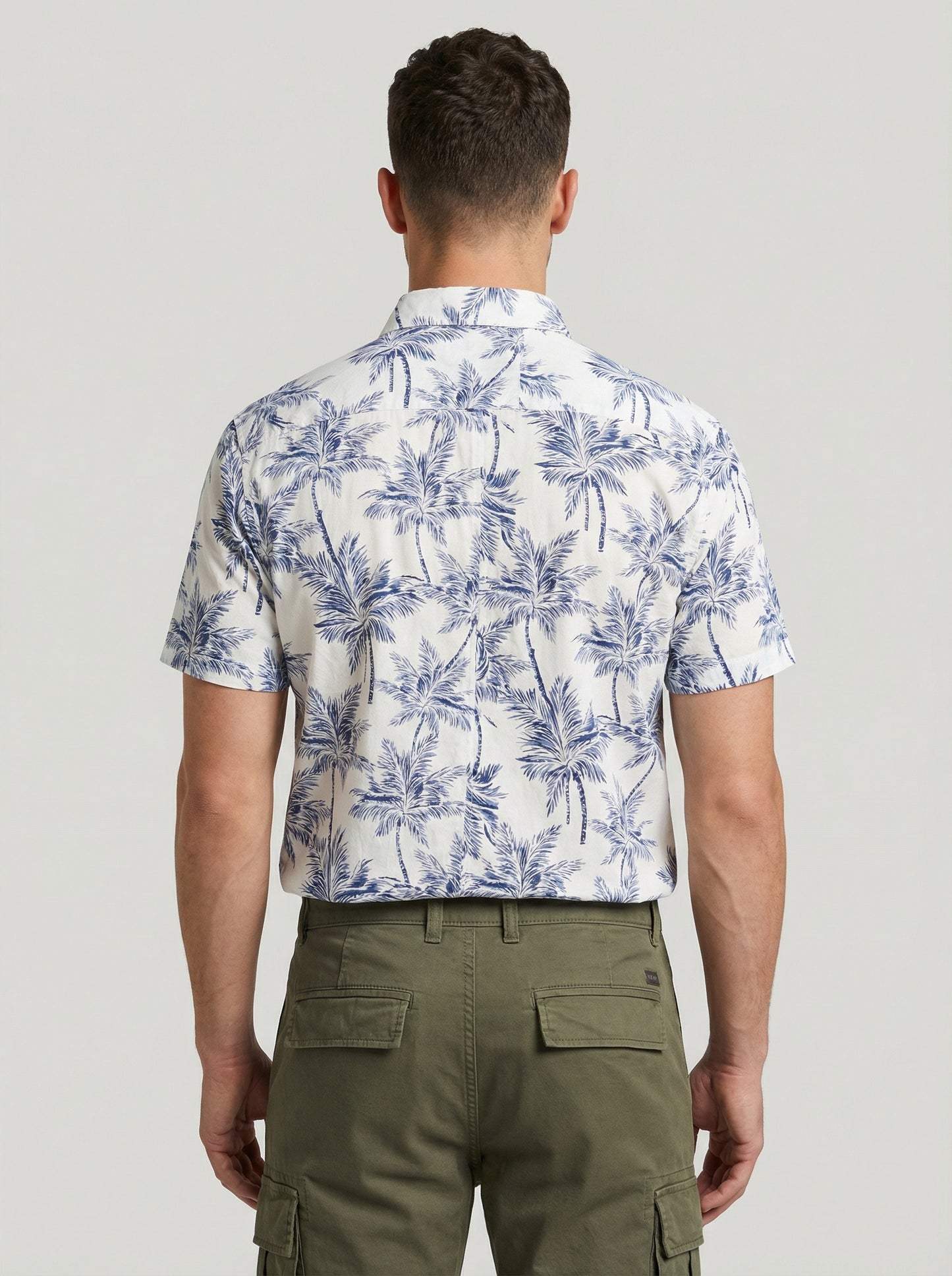 Men's Slim Fit Navy Palm Tree Print White Resort Shirt