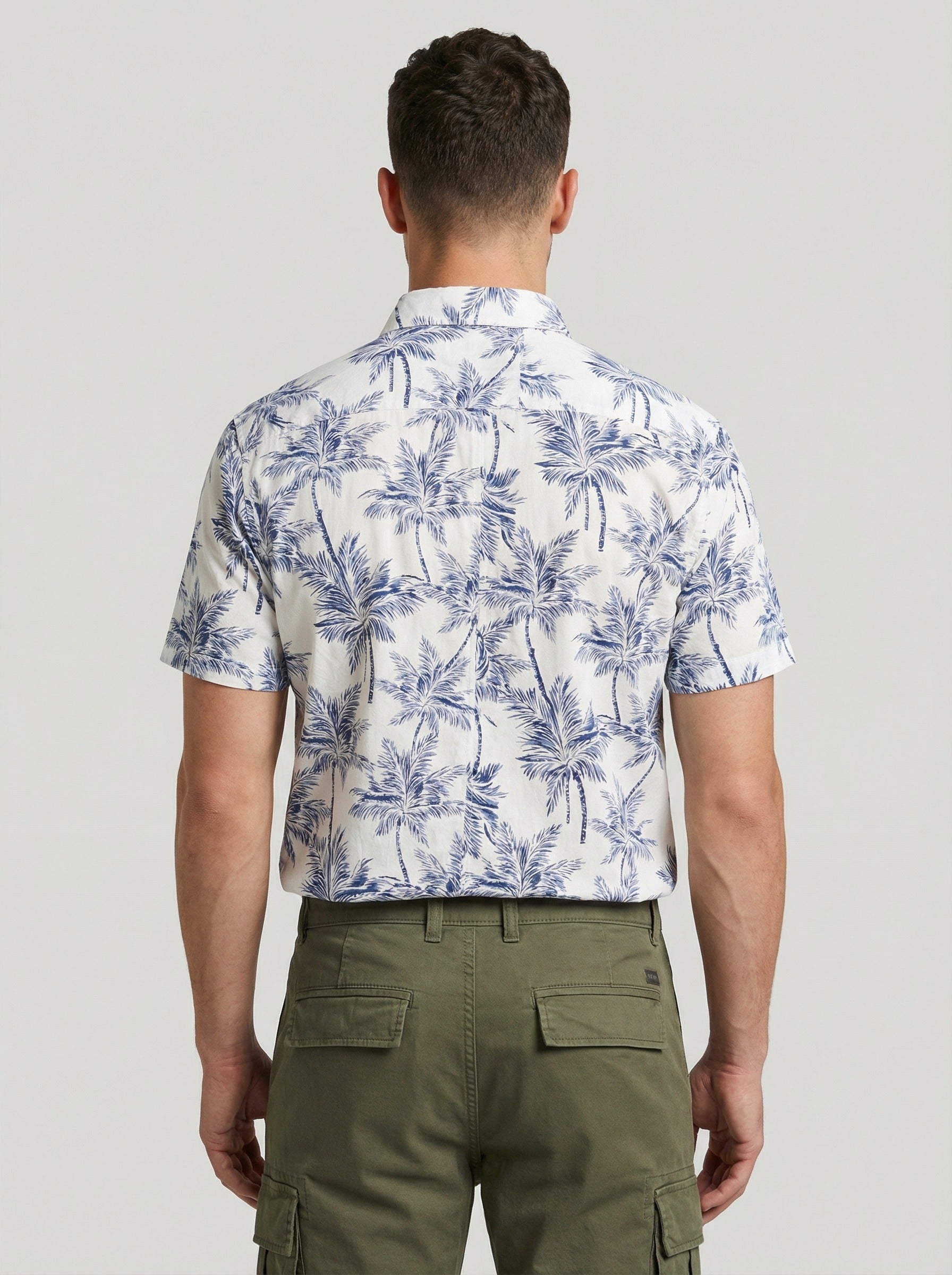 Men's Slim Fit Navy Palm Tree Print White Resort Shirt