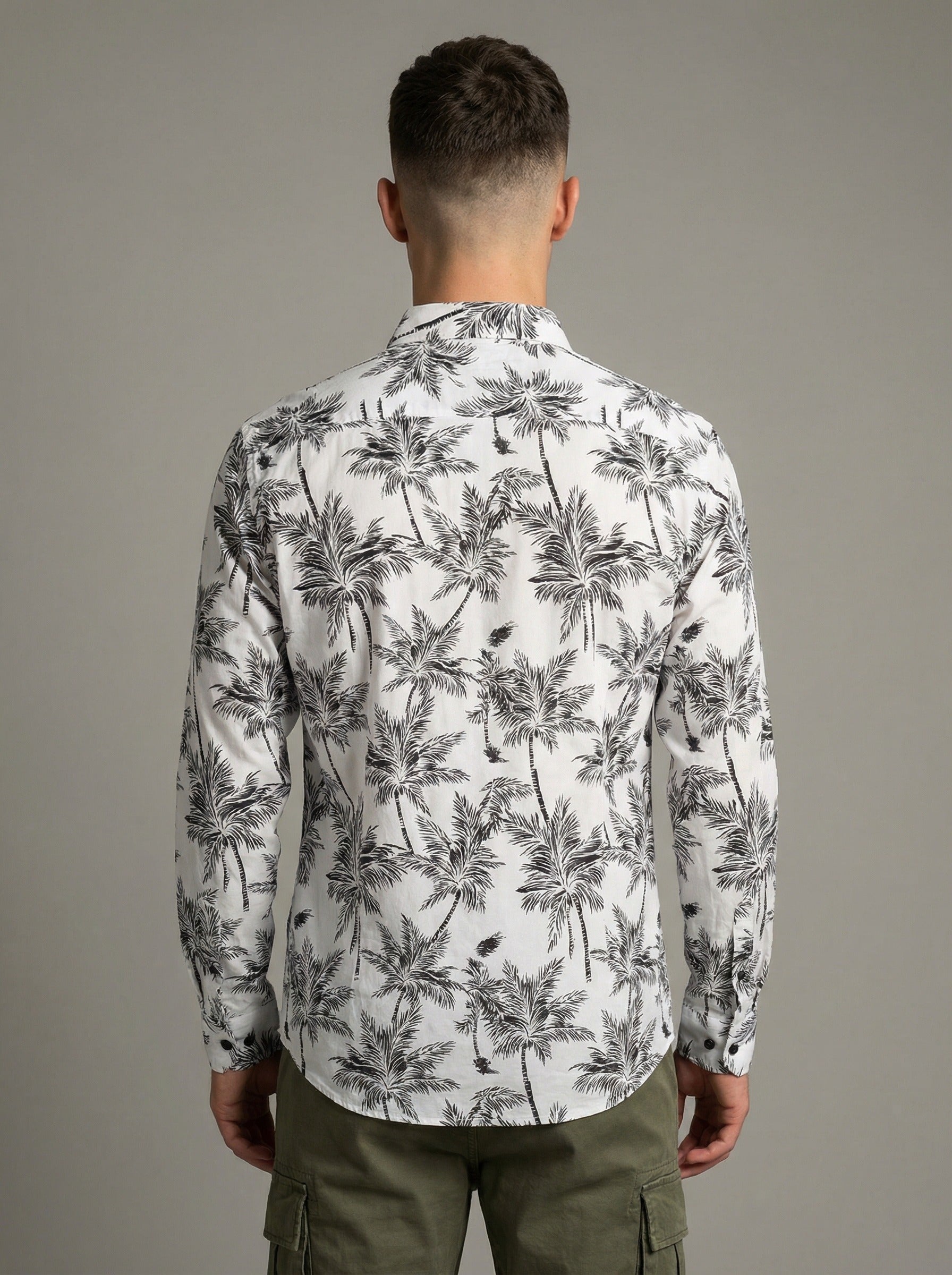 Monochrome Palm Print Viscose Resort Shirt - Long Sleeve Slim Fit