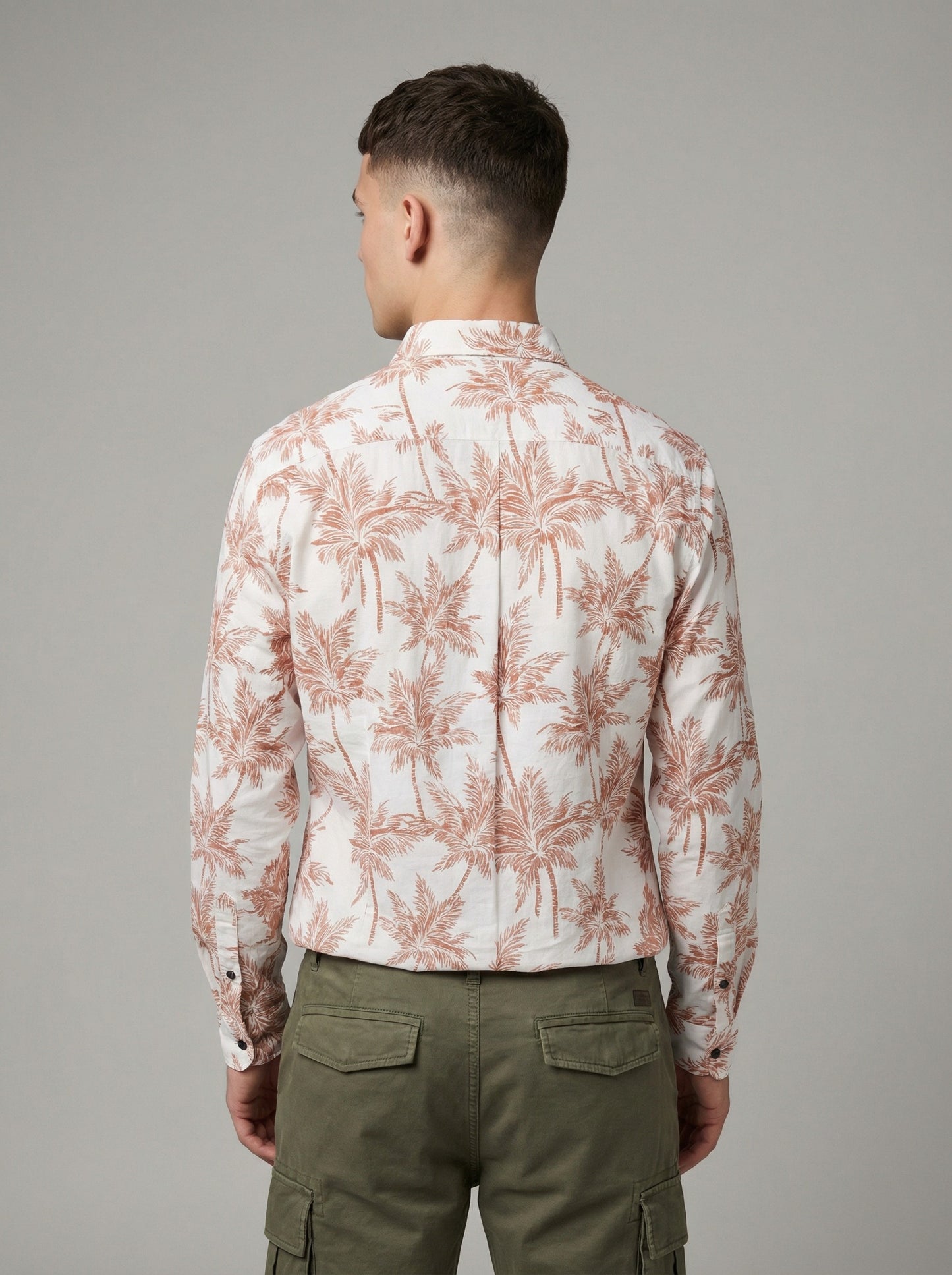 Men's Slim Fit Terracotta Palm Print Linen Blend Shirt