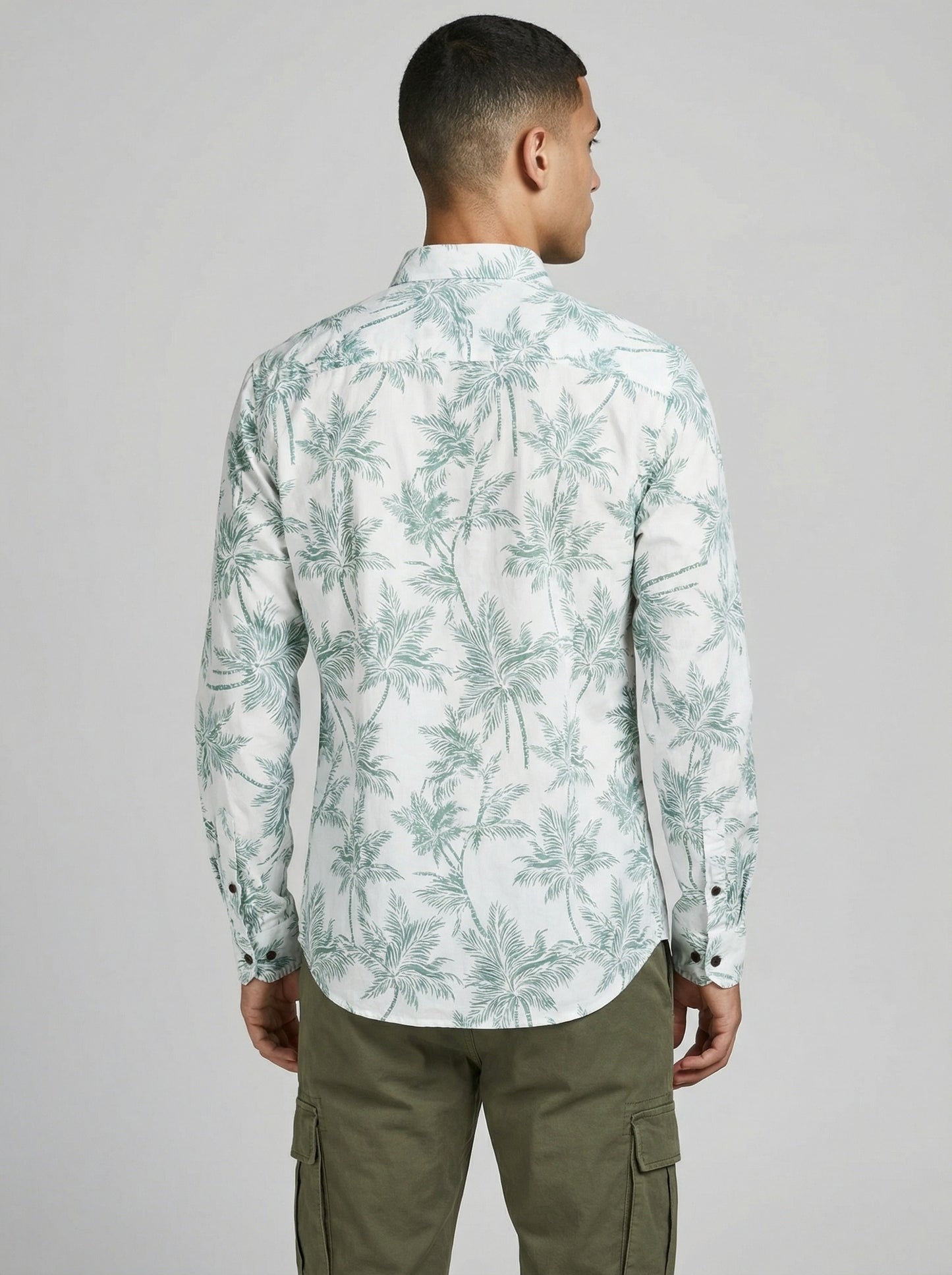 Premium Cotton Slim-Fit Palm Print Resort Shirt - Green/White