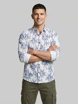 Men's Slim Fit Navy Palm Tree Print White Resort Shirt