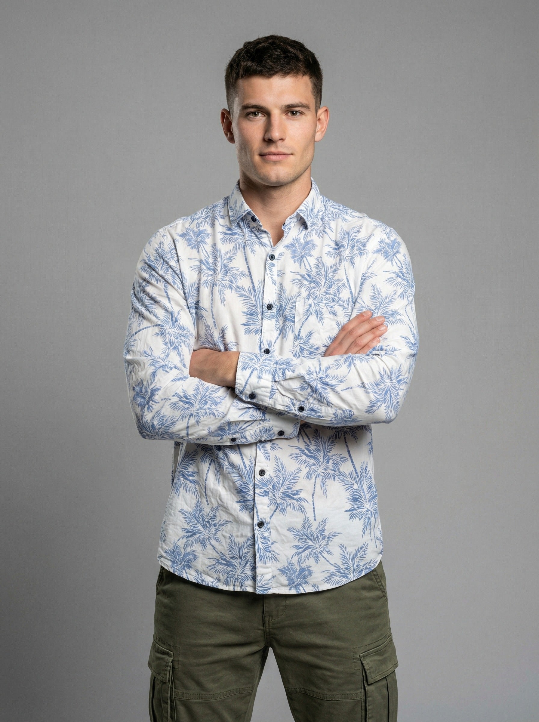 Men's THE SHOWFINE Blue Palm Print Slim-Fit Button-Down Shirt