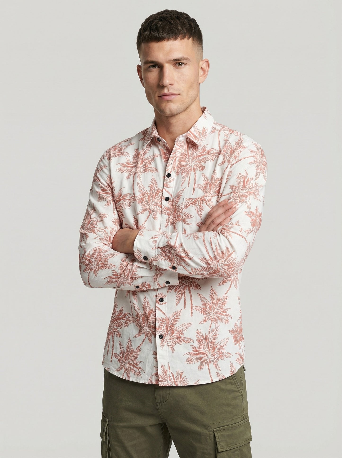 Men's Slim Fit Terracotta Palm Print Linen Blend Shirt