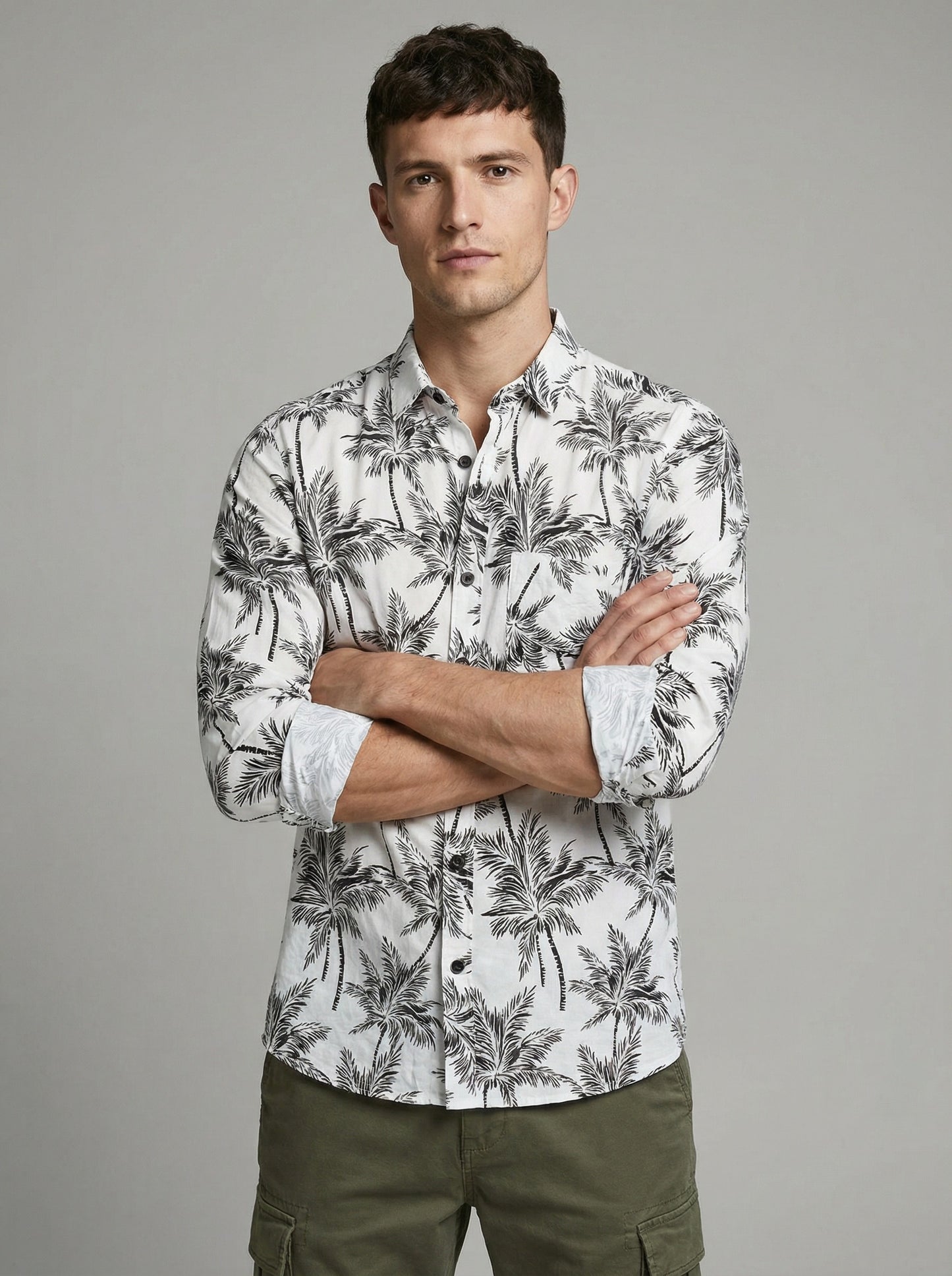 Monochrome Palm Print Viscose Resort Shirt - Long Sleeve Slim Fit