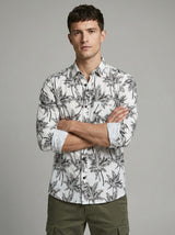 Monochrome Palm Print Viscose Resort Shirt - Long Sleeve Slim Fit