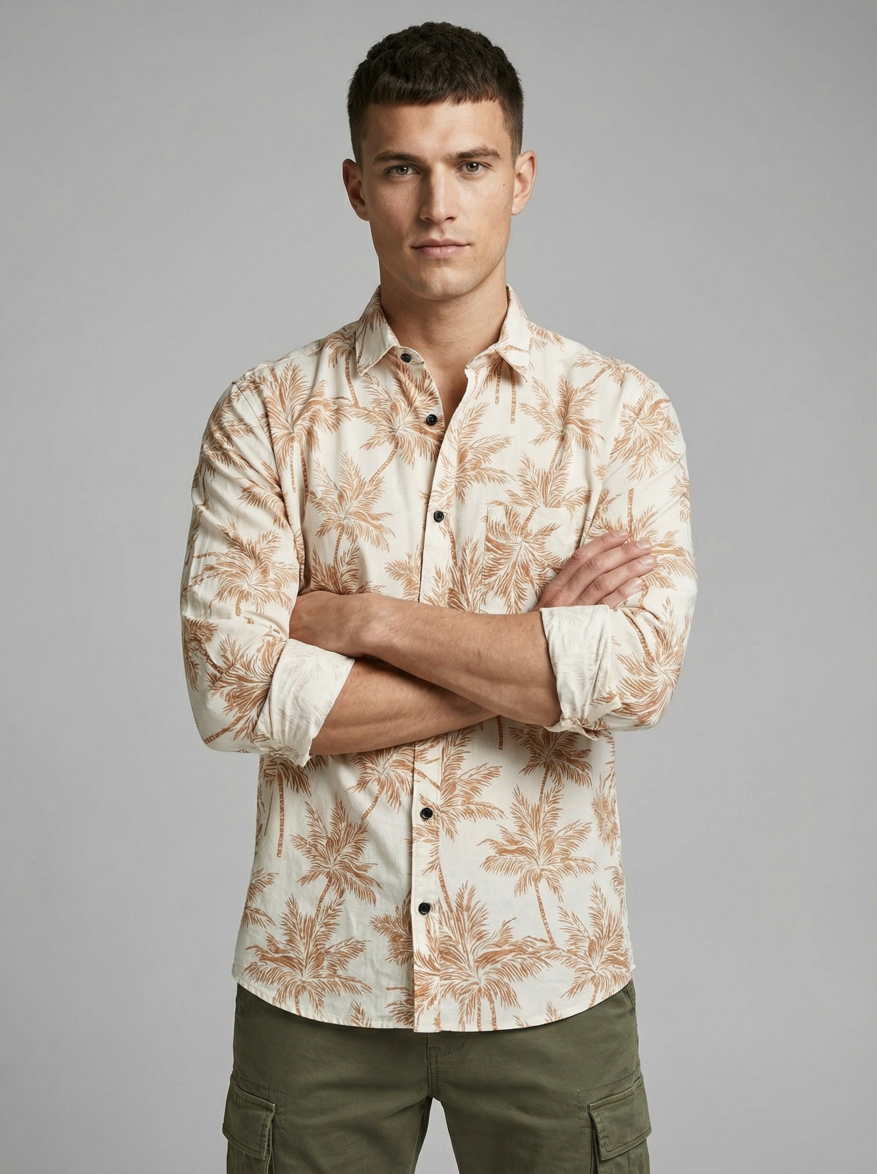 Men's Premium Linen-Blend Palm Print Long Sleeve Shirt