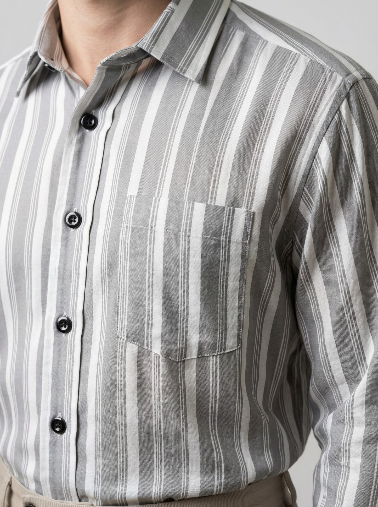 Men's Grey and White Striped Long Sleeve Button-Down Shirt