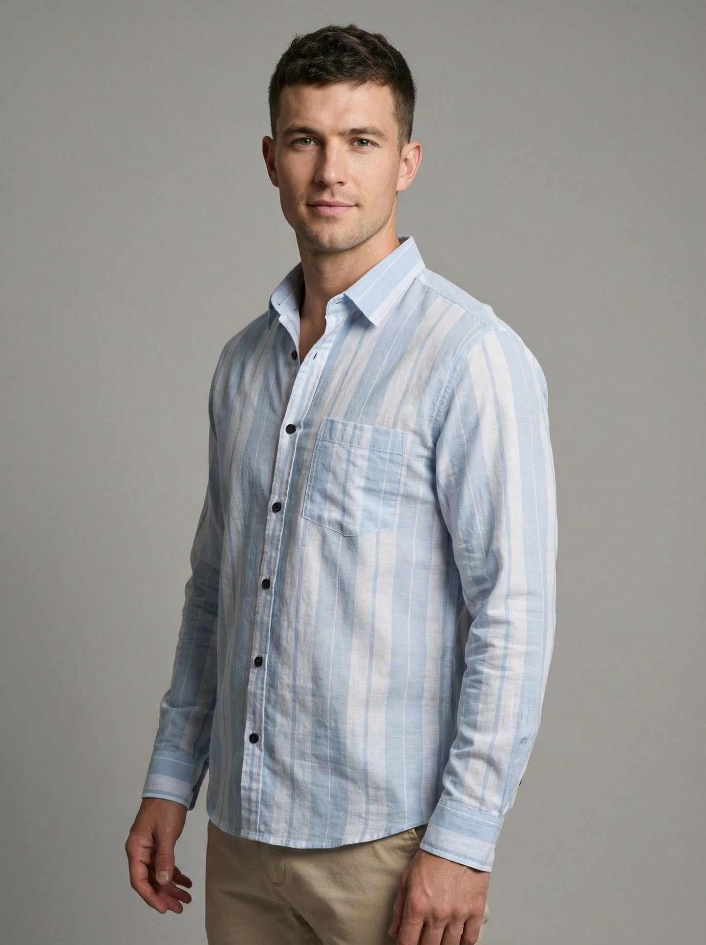 Men's Premium Vertical Striped Linen Casual Long Sleeve Button-Down Shirt