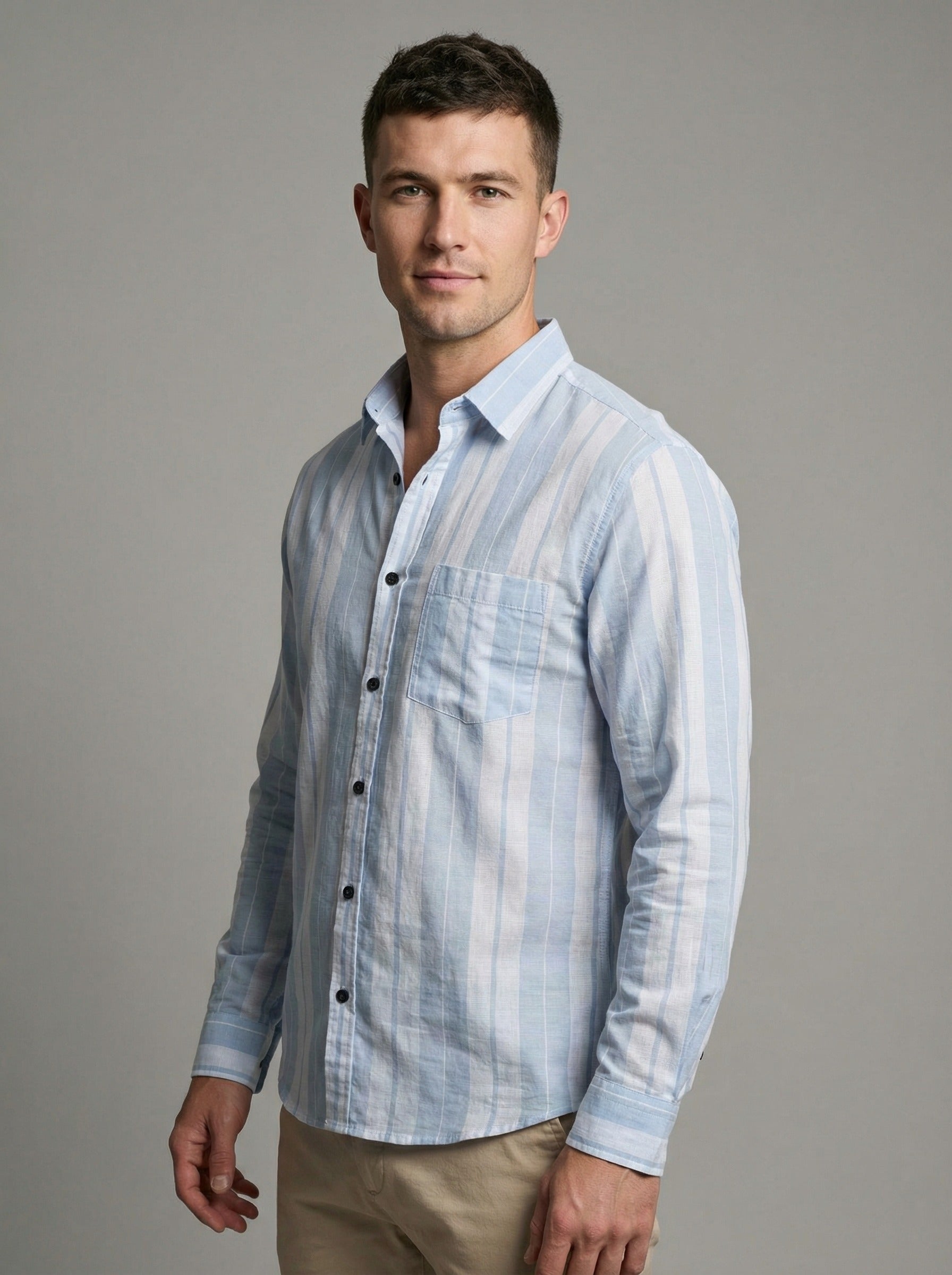 Men's Premium Vertical Striped Linen Casual Long Sleeve Button-Down Shirt