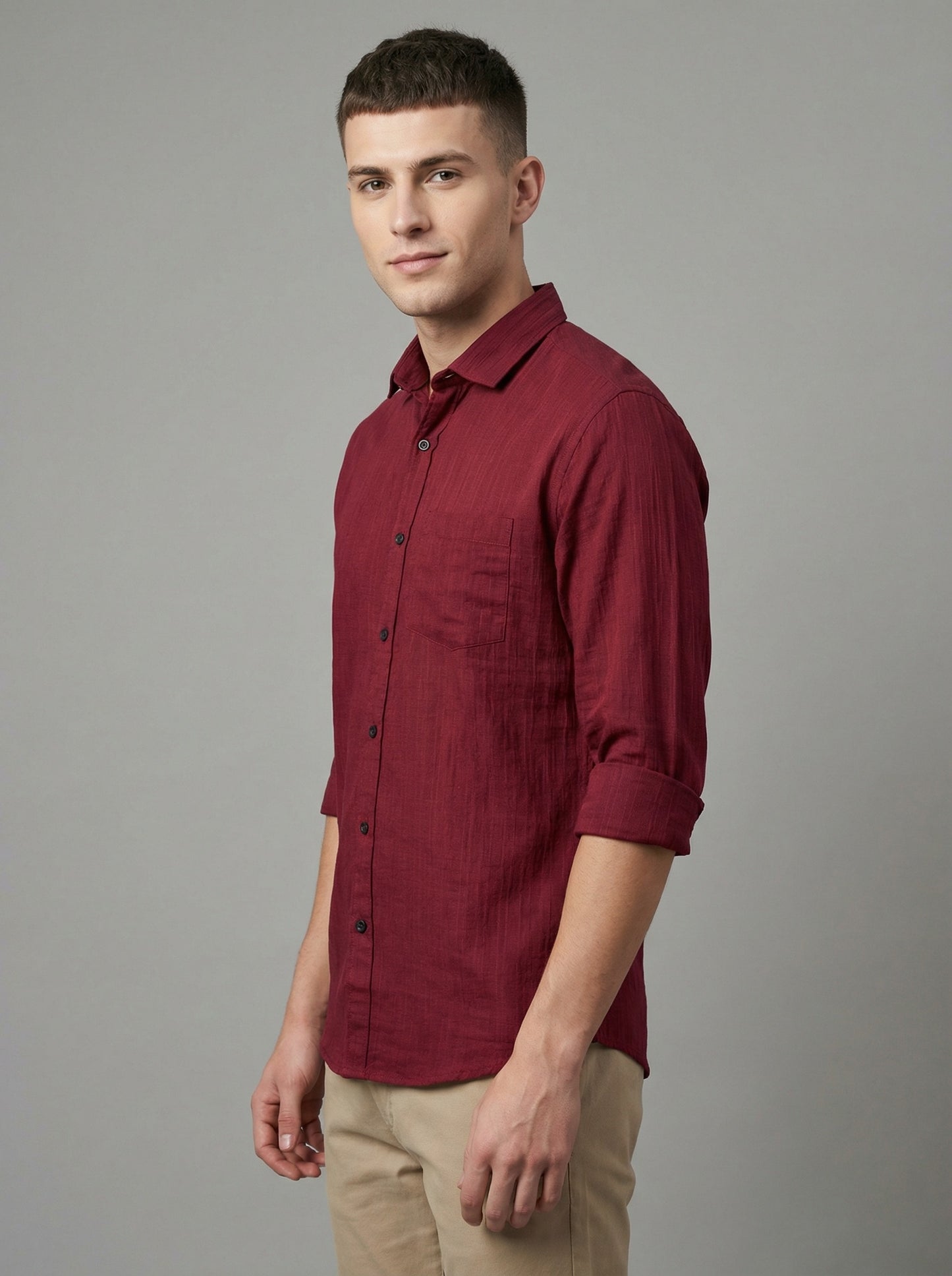 Men's Wine Red Textured Double Gauze Long Sleeve Button-Down Shirt