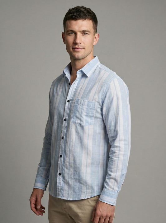 Men's Premium Vertical Striped Linen Casual Long Sleeve Button-Down Shirt