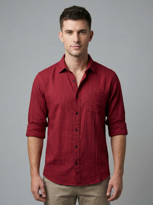 Men's Wine Red Textured Double Gauze Long Sleeve Button-Down Shirt