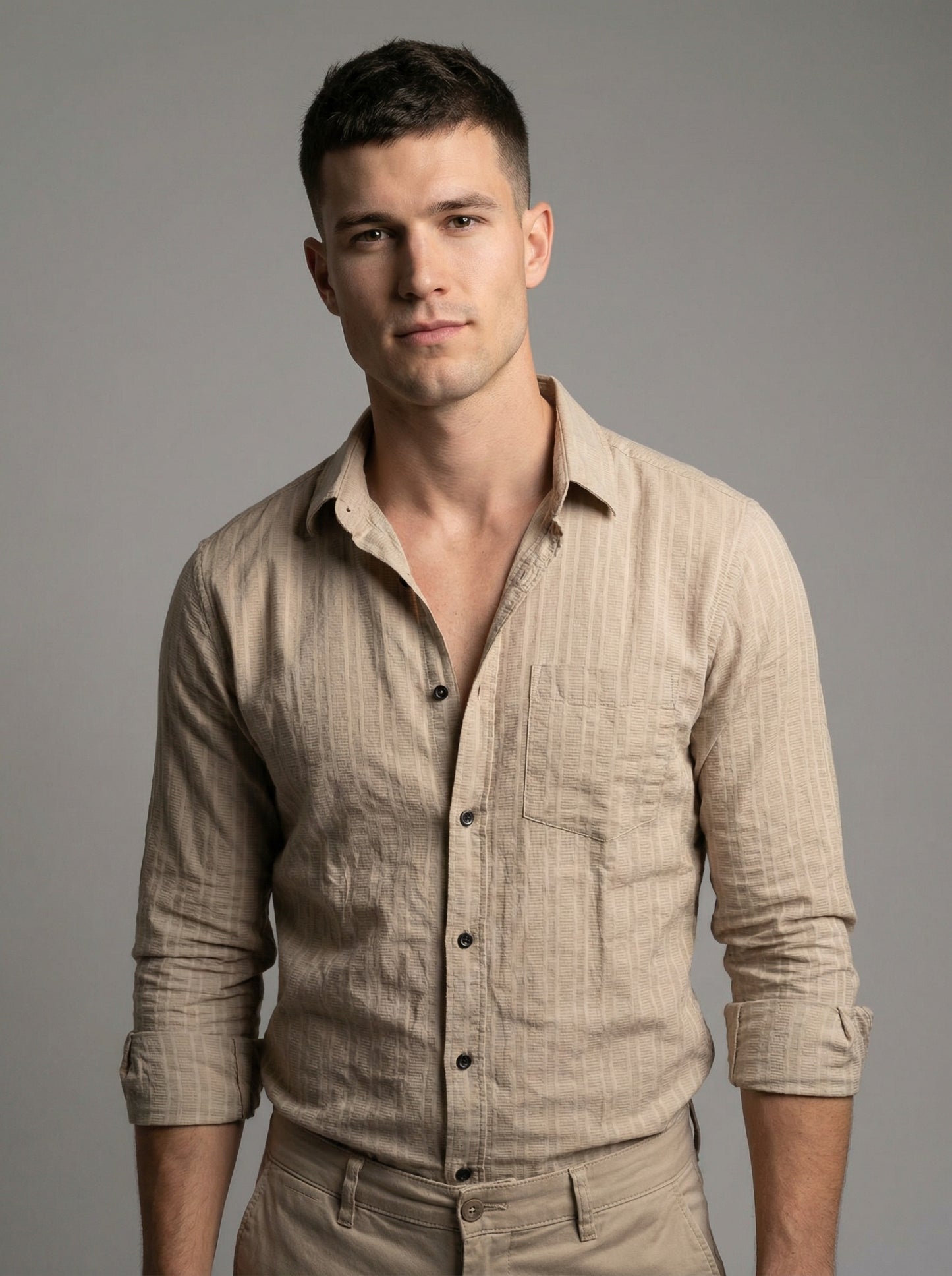 Men's Soft Crem Casual Long Sleeve Striped Button-Down Shirt