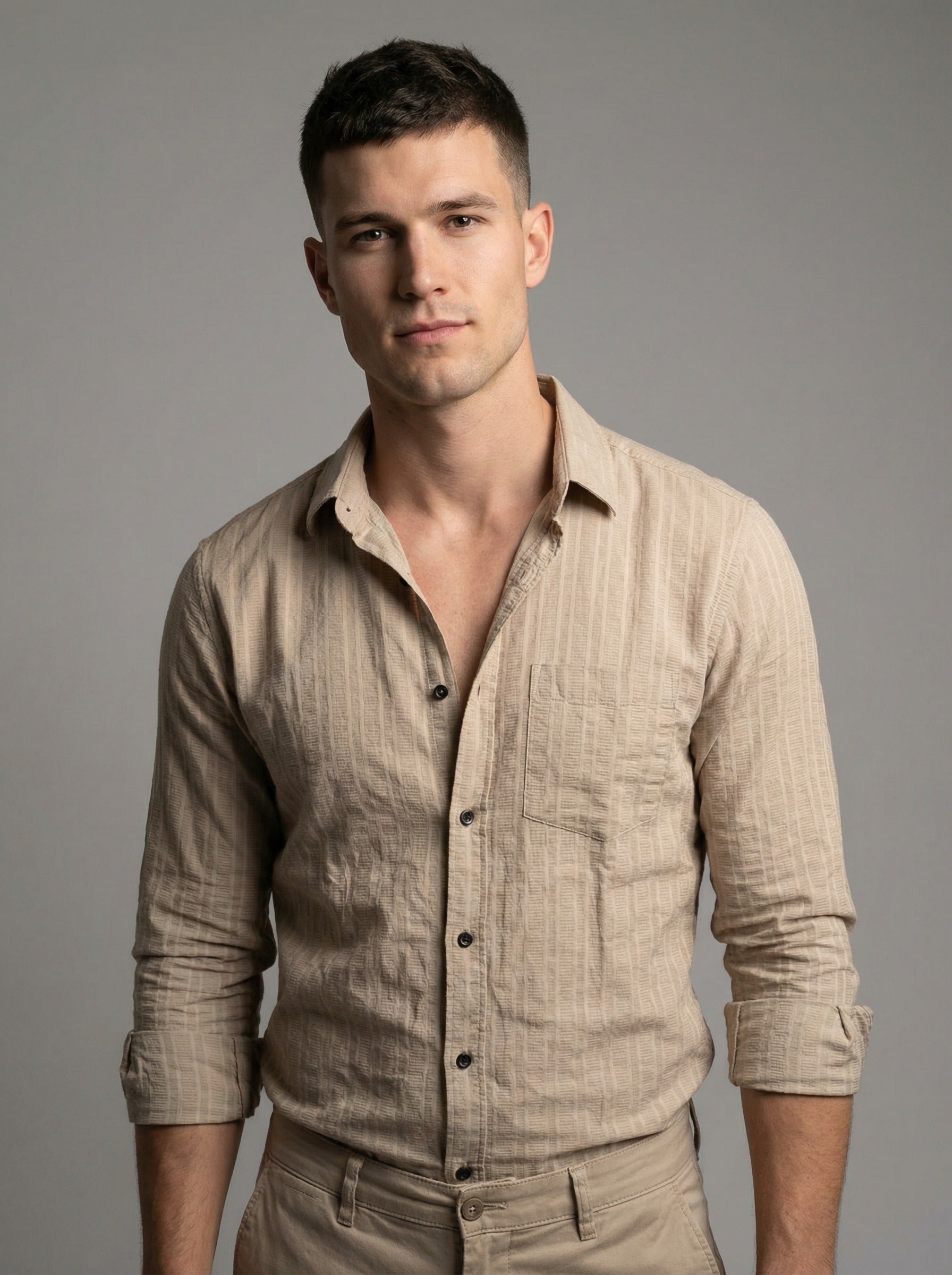 Men's Soft Crem Casual Long Sleeve Striped Button-Down Shirt