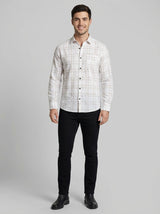 Men's Slim Fit Linen-Blend Windowpane Check Shirt in White & Tan