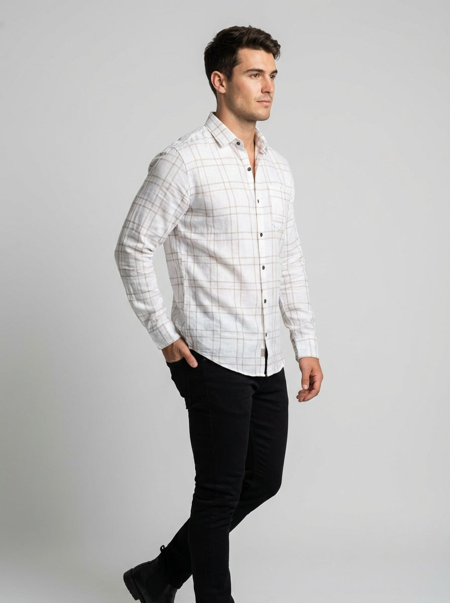 Men's Slim Fit Linen-Blend Windowpane Check Shirt in White & Tan