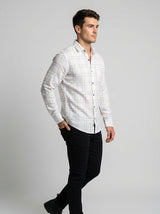 Men's Slim Fit Linen-Blend Windowpane Check Shirt in White & Tan