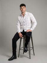 Men's Slim Fit Linen-Blend Windowpane Check Shirt in White & Tan