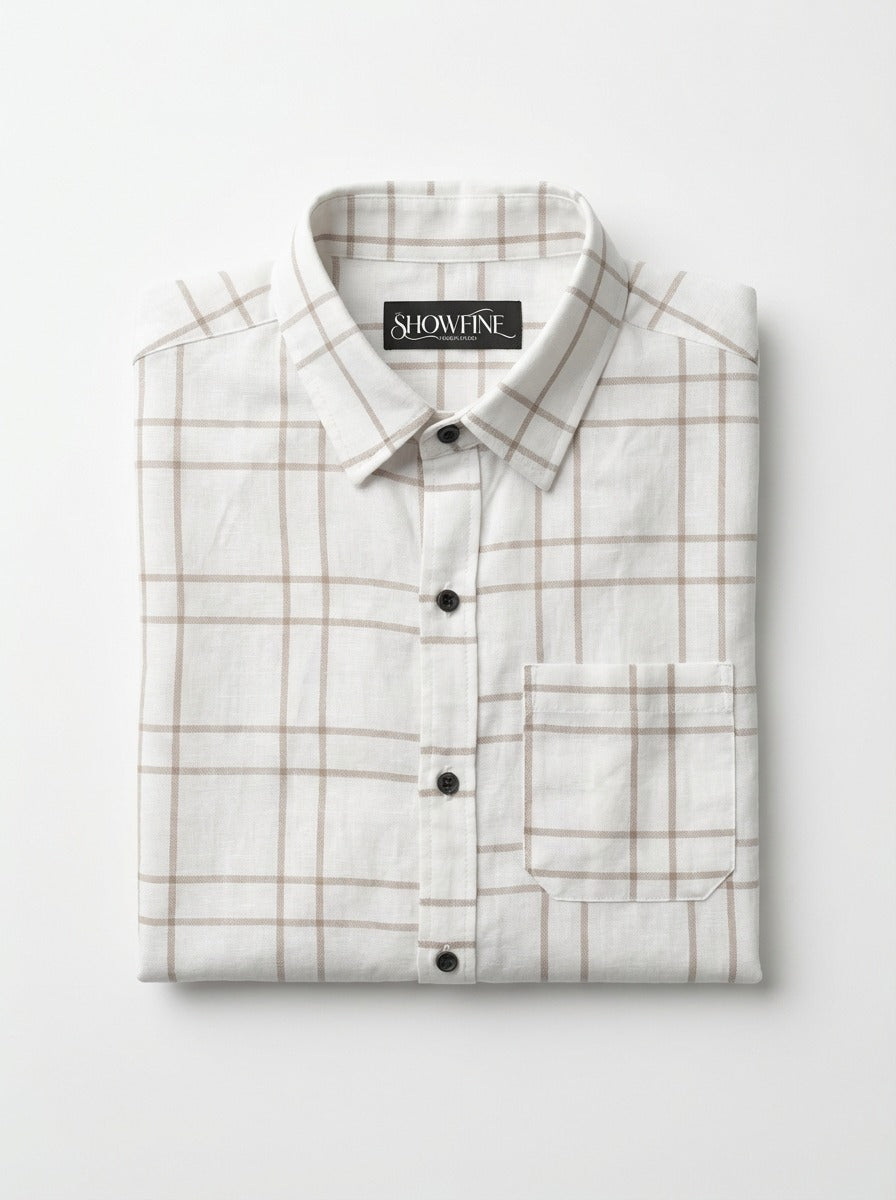 Men's Slim Fit Linen-Blend Windowpane Check Shirt in White & Tan