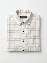 Men's Slim Fit Linen-Blend Windowpane Check Shirt in White & Tan