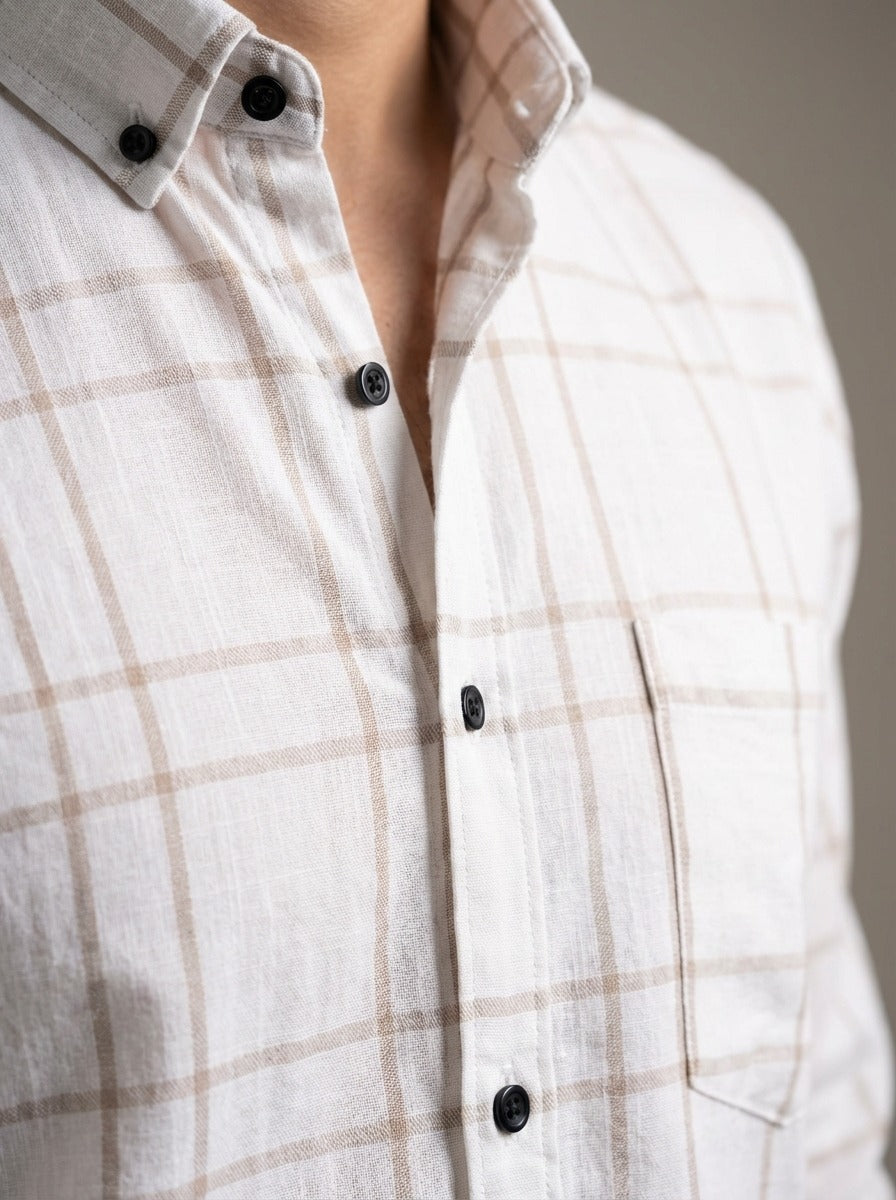 Men's Slim Fit Linen-Blend Windowpane Check Shirt in White & Tan