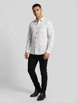 Men's Slim Fit Linen-Blend Windowpane Check Shirt in White & Tan
