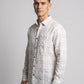 Men's Slim Fit Linen-Blend Windowpane Check Shirt in White & Tan