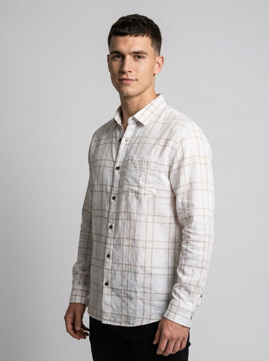 Men's Slim Fit Linen-Blend Windowpane Check Shirt in White & Tan