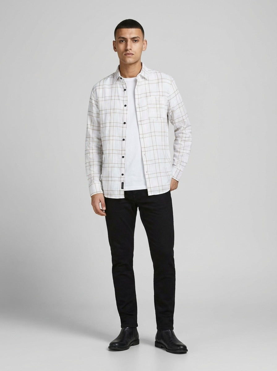 Men's Slim Fit Linen-Blend Windowpane Check Shirt in White & Tan