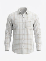 Men's Slim Fit Linen-Blend Windowpane Check Shirt in White & Tan