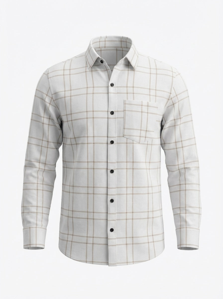 Men's Slim Fit Linen-Blend Windowpane Check Shirt in White & Tan