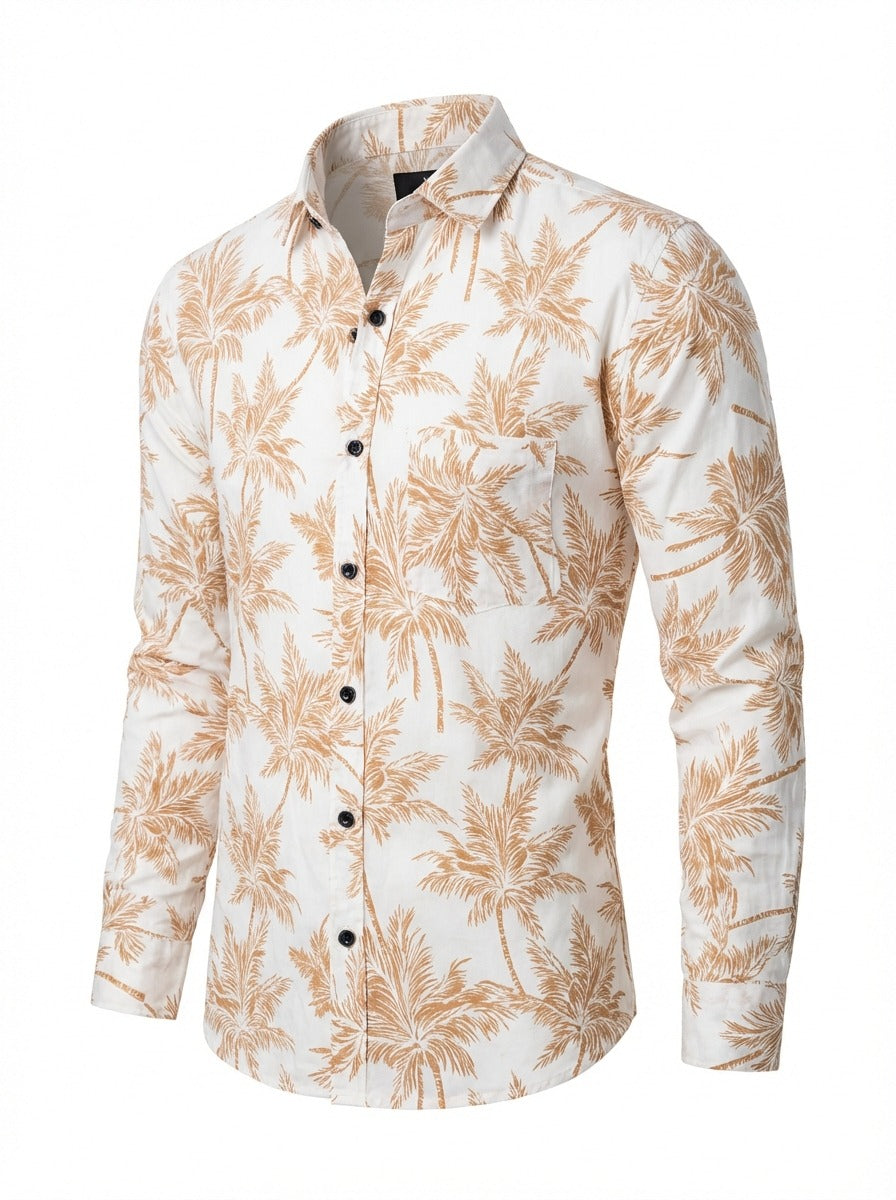 Men's Premium Linen-Blend Palm Print Long Sleeve Shirt